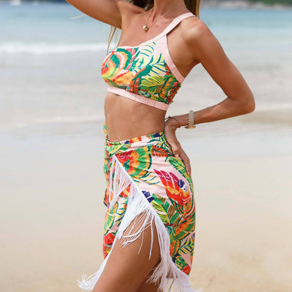 Retro One Piece Swimsuit Women Conservative Cover Belly Thin Skirt Spring Tassel Beach Skirt Set