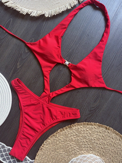 Nylon Solid Color Fabric Pearl Accessories One Piece Swimsuit Beach Sexy Women Swimsuit