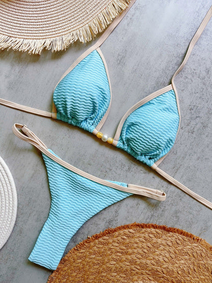 Special Fabric Pearl Accessories Solid Color Bikini Sexy Backless Split Swimsuit Bikini