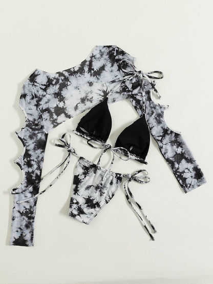 Swimwear Blooming Printed Bikini Lace-up Sexy Bikini Three Piece Two Piece Swimsuit