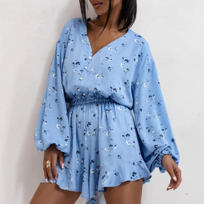 Women Clothing Summer V neck Printed Long Sleeve Waist Trimming Ruffles Shorts Jumpsuit