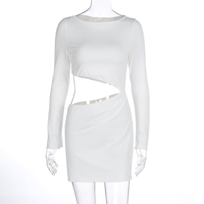 Women Clothing Autumn Winter Sexy Hollow Out Cutout Cropped round Neck Slim Sheath Dress