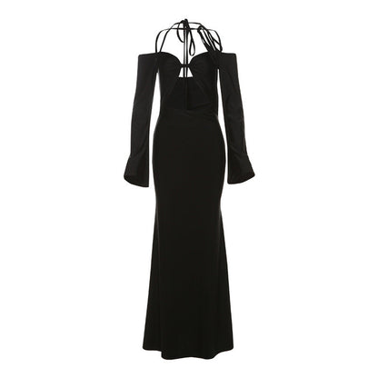 Women Clothing Autumn Winter Sexy Hollow Out Cutout out Backless Lace up Halterneck Solid Color Dress Women