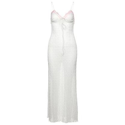 Spring Women Clothing Sexy Lace V neck Backless Bow Sling Dress
