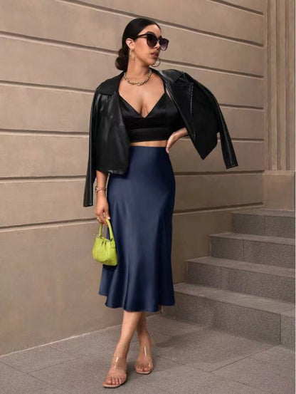 Hip Wrapped Fishtail Skirt Satin Mid Length Skirt Autumn Women Clothing Direct