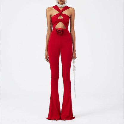 Sexy Hollow Out Cutout One Piece Swimsuit Women Red Rose Set