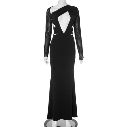 Women Clothing Fall Mesh Stitching Long Sleeves Sexy Cutout Waist Slimming Maxi Dress