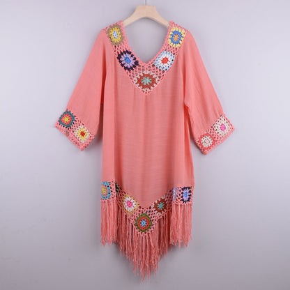 Spring Summer Women Clothing Net Red Lazy Beach Crocheted Blouse Mid-Length Dress