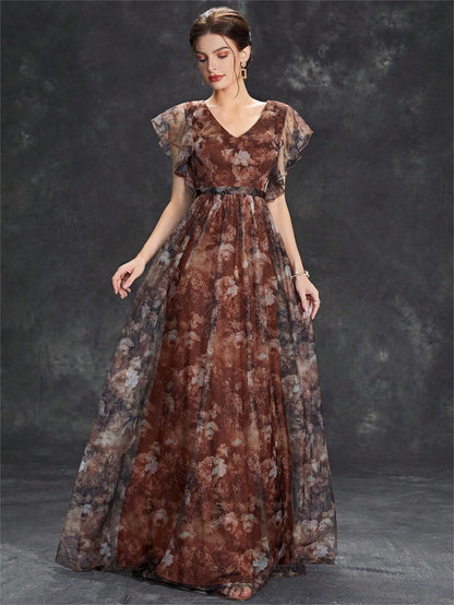 Evening Dress V neck Printed Mesh Ruffled Large Swing Party Dress Bridesmaid Dress Dance Dress Spring A Line