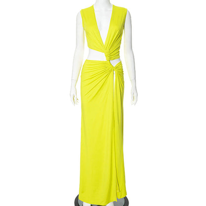 Women Summer Solid Color Sexy Deep V Plunge Hollow Out Cutout Out Slit Slim Fitting Maxi Dress