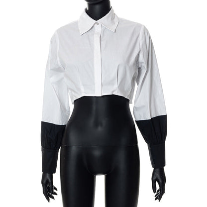 Women Clothing Autumn Polo Collar Stitching Contrast Color Long Sleeves cropped Cardigan Shirt