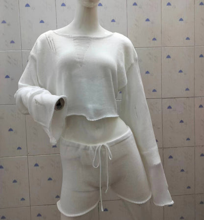 Knitted Two Piece Women Spring Summer Seaside Vacation Sun Protection Short Top Sexy Shorts Suit