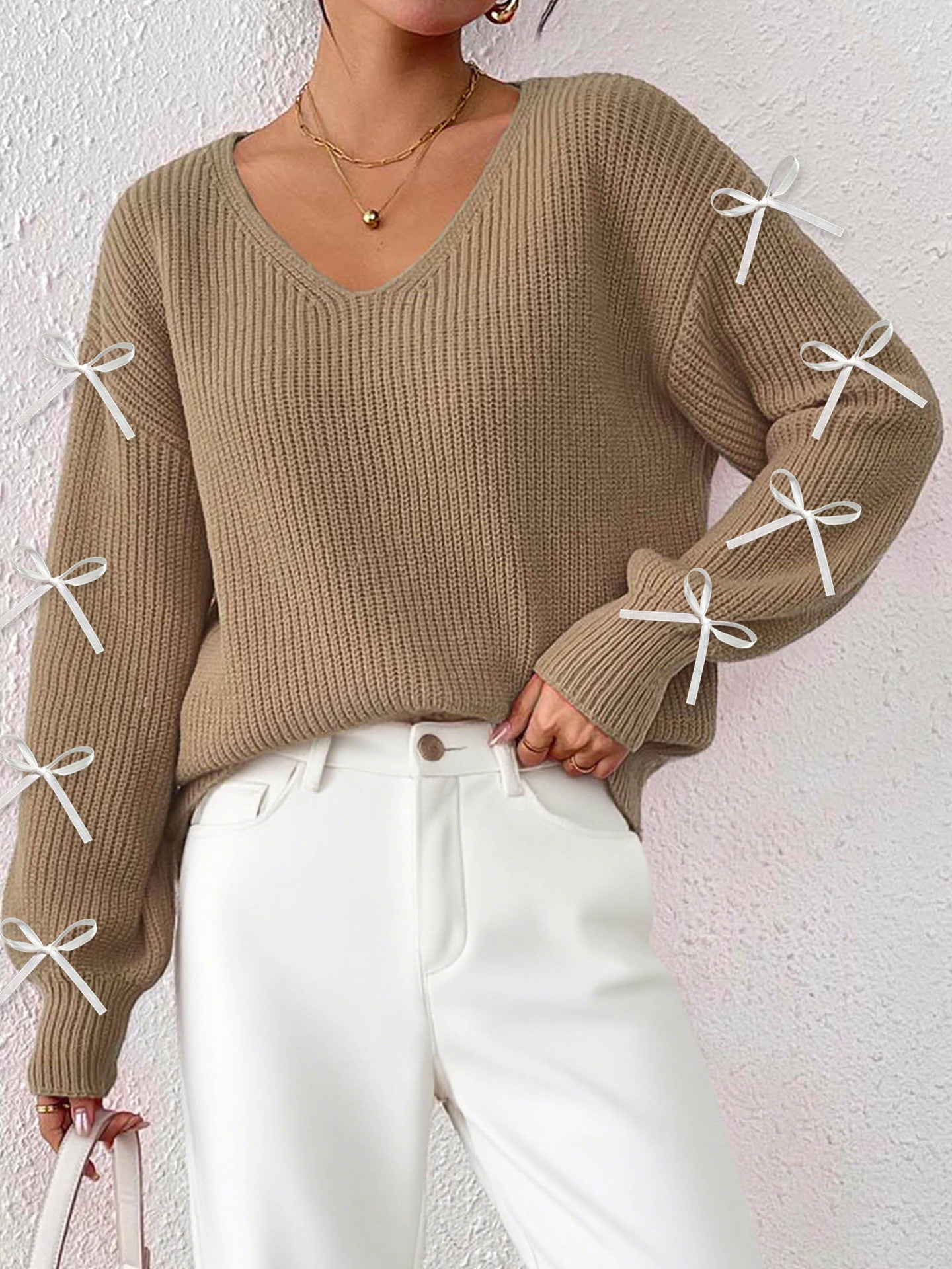 Women Autumn Winter Coat Women Clothing Ribbon Bow Decorative Woven Pullover