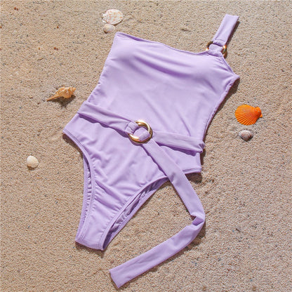 Sexy Solid Color One Shoulder Slim Thread Fabric Bikini Swimsuit