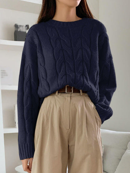 Autumn Winter Women Cable Knit Pullover Sweater Loose round Neck Solid Color All Matching Trendy Knitwear Top