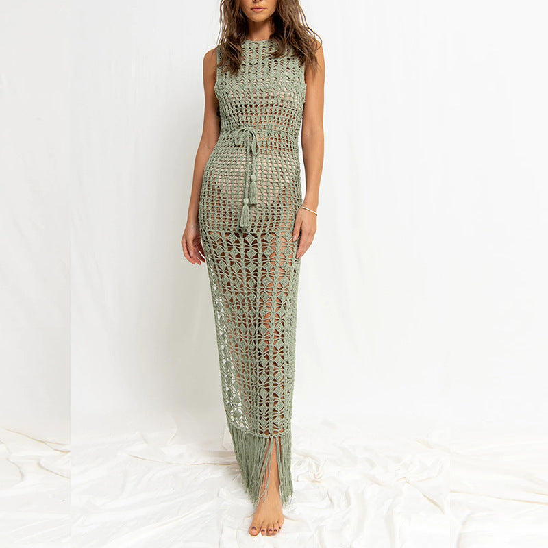 Beach Covervup Cutout out Tied Tassel Bikini Swimsuit Outwear Maxi Dress Women Crochet hook