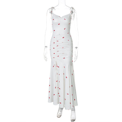 Women Clothing Summer Printing Sexy Suspenders Ruched Split Dress Women Summer Dress