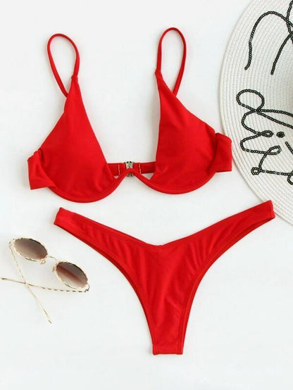 Sexy Bikini Split Gathering Steel Bracket Solid Color Swimsuit Women