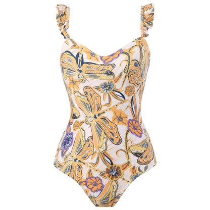 Women Flying Edge One Piece Women Swimwear Retro Cover Belly Slimming Swimsuit Chiffon Beach Dress