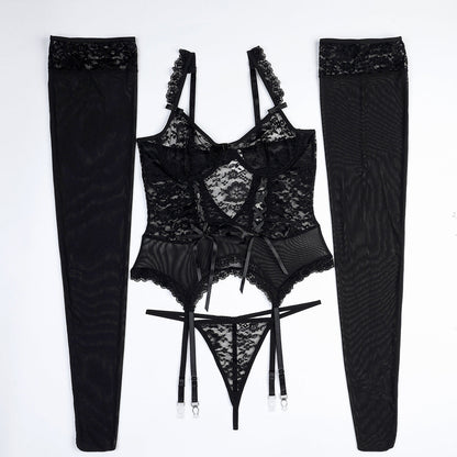 Big Stockings Black Mysterious Lace Hollow Out Cutout Lace Strap Slimming Sexy Goddess Sexy Lingerie Four Piece Set