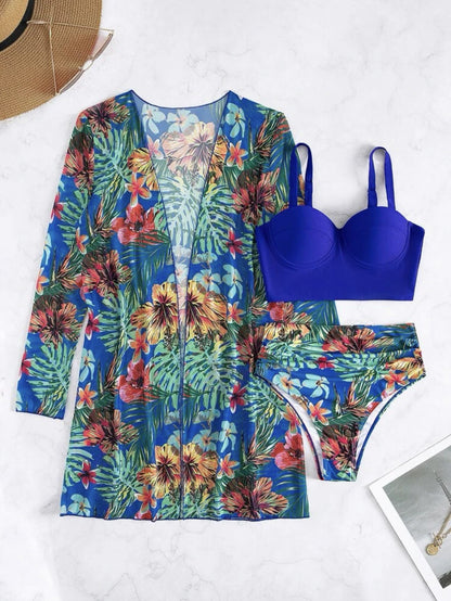 Sexy Mesh Bikini Three Piece Push up Split Printed Swimsuit for Women