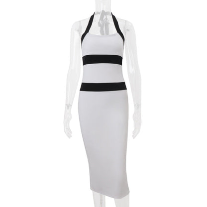 Women Clothing Summer Fashionable Elegant Sexy Slim Fit Halter Color Matching Sheath Dress