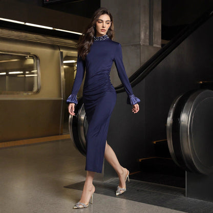 Women Clothing Arrival Slim Pearl Stand Collar Long Sleeve Dress Women Party Dress