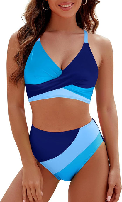 Bikini Contrast Color High Waist Lace up Sexy Split Bikini Swimsuit Swimwear