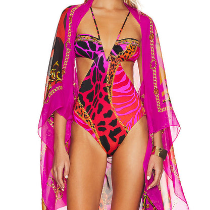 Printed Mesh One Piece Two Piece Set Women Outer Swimming Mesh Floral Print One Piece Bikini