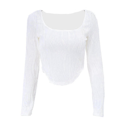 Summer French Design Pleated U Collar Simple Solid Color Slim Fit Long Sleeves Top Women