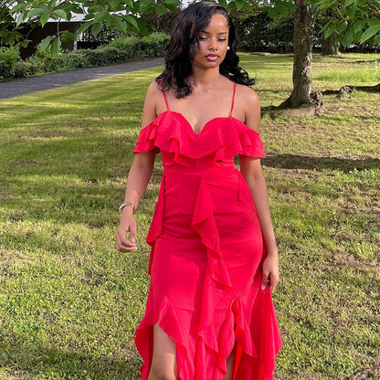 Women Clothing Solid Color Dress Sexy Spaghetti Straps Sleeveless Ruffled Irregular Asymmetric Maxi Dress