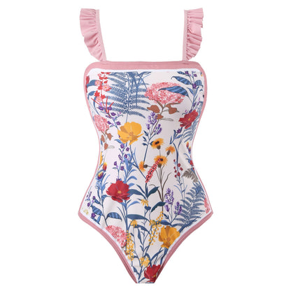 Flying Edge One Piece Women Swimwear European, French Retro Cover Belly Slimming Swimsuit Chiffon Beach Dress