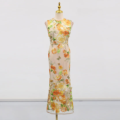Heavy Industry High Sense Dress Color Embroidery Three Dimensional Floral Slim Fit Figure Flattering Maxi Dress