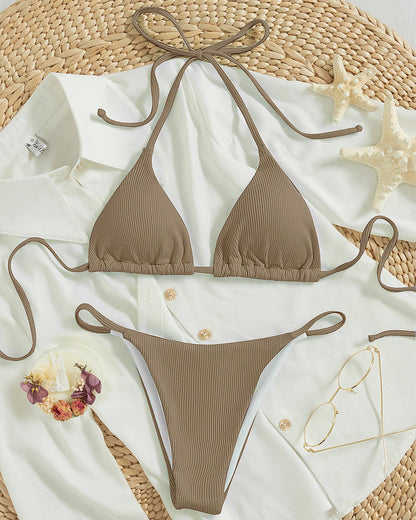 Printing Halter Spaghetti Straps Sexy Bikini Pleated Lace up Triangle Spring Split Swimsuit