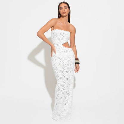 Women Clothing Solid Color Sleeveless Backless Lace Hollow Out Cutout out Slim Fit Dress