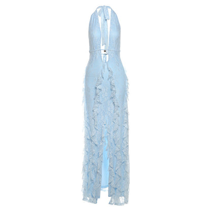 Women Clothing Summer Elegant Sexy Deep V Plunge neck Hollow Out Cutout Halter Lace up Lace Split Dress