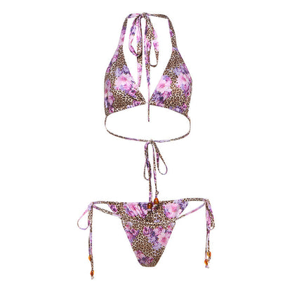 Summer Sexy Sexy Leopard Print Floral Print Halter Banded Bikini Two Piece Sets Women