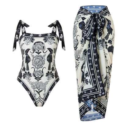 Products Retro Printed Swimsuit Women Conservative One Piece Chiffon Two Piece Sets Blouse Swimsuit Outfit