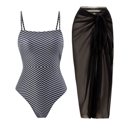 Sexy One Piece Swimsuit Women Bikini Striped Printed Gauze Skirt Swimsuit Bikini