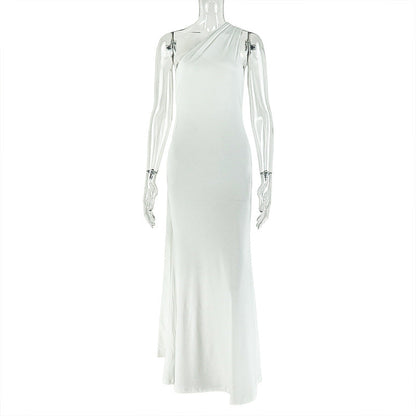 Women Clothing Tied Slim Fit Design Slimming Hip Pleated Diagonal Collar Shoulder Solid Color Length Dress