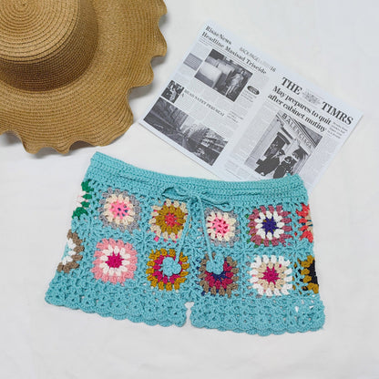 Beach Shorts Women Clothing Color Random Hand Hook Floral Block Stitching Grandmother Plaid Hip Pants