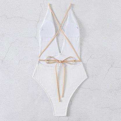 Beach Swimwear Solid Color V neck Backless Quick Drying One Piece Swimsuit Bikini Swimwear Women