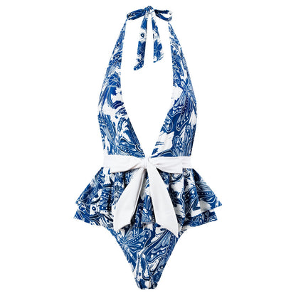 One Piece Swimsuit Women Skinny Slimming Vintage Printed Chiffon Dress With Steel Bracket Hard Bag