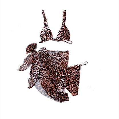 Sexy Women Triangle Split Bikini Mesh Three Piece Suit Crisp Linen Printed Women Swimsuit