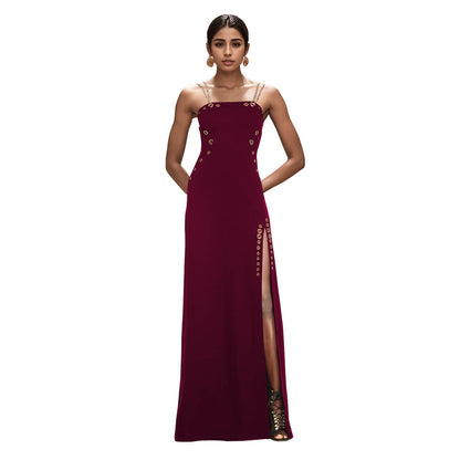 Women Wear Elegant Gold Necklace Sexy Sleeveless Split Dress