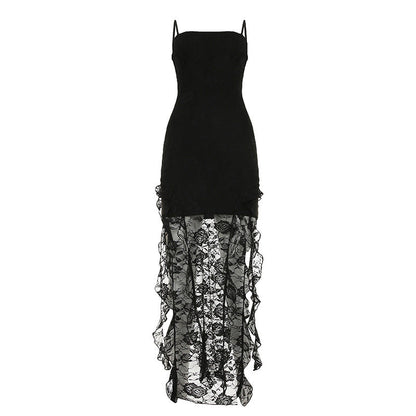 Women Clothing Summer Sexy Lace See through Tube Top off Neck Ribbon Irregular Asymmetric Dress