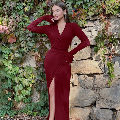 Women Clothing Autumn Winter Sexy V neck Slim Fit Slit Bell Sleeve Dress