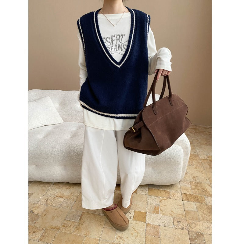 Artistic Retro Color Contrasting Stripe Large V neck Loose Knit Waistcoat Vest