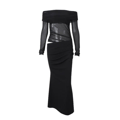 Women Clothing Spring Sexy Sexy off Shoulder Mesh Stitching Long Sleeves Hollow Out Cutout Dress Women