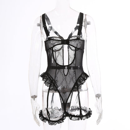 Sexy Lace Lace Cutout See through Sling One Piece Sexy Lingerie Jumpsuit with Leg Ring